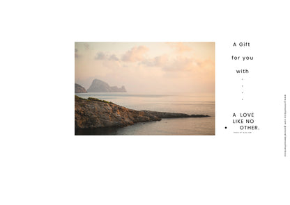 Ibiza photography gift card with Es Vedra landscape print in modern living room